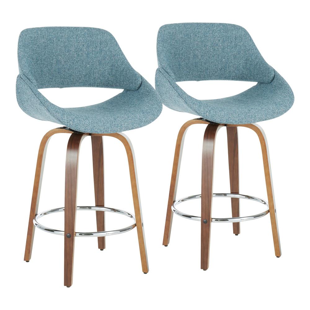 Walnut Wood, Blue Fabric, Chrome Fabrico Counter Stool - Set of 2. Picture 1