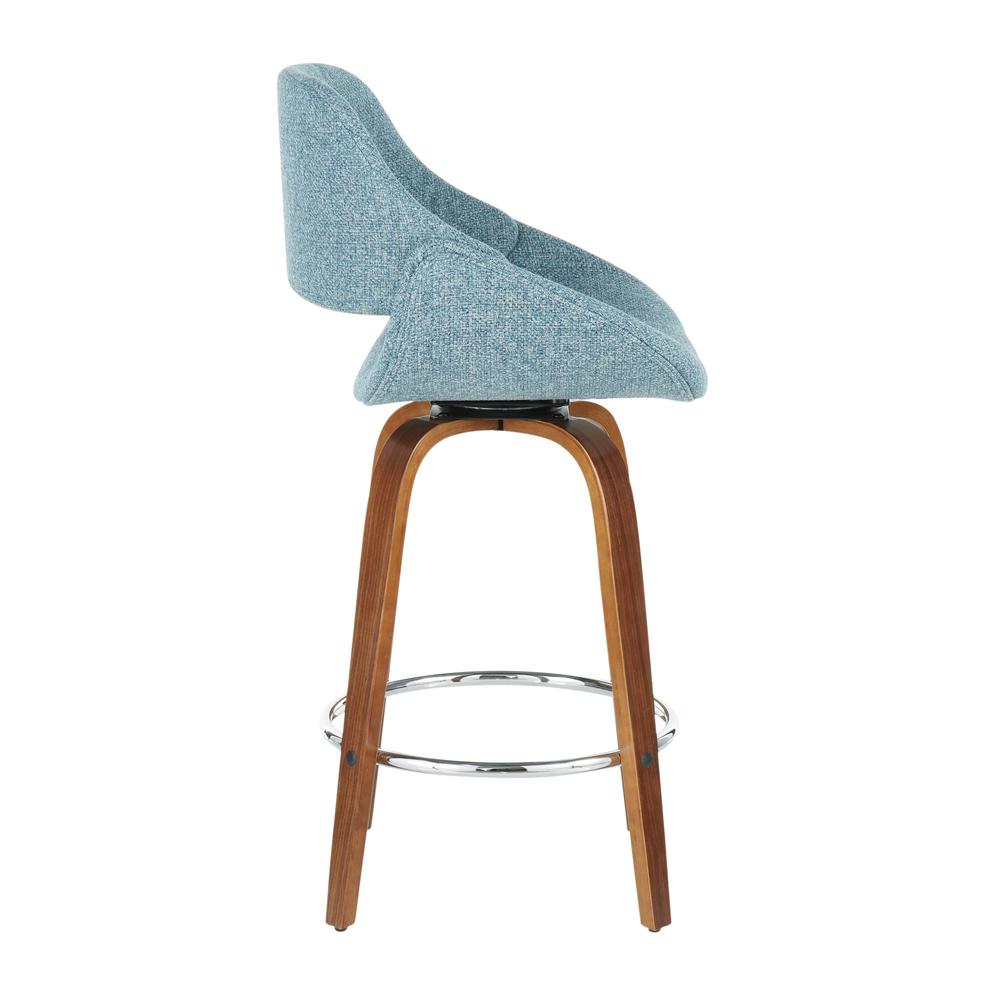 Walnut Wood, Blue Fabric, Chrome Fabrico Counter Stool - Set of 2. Picture 3