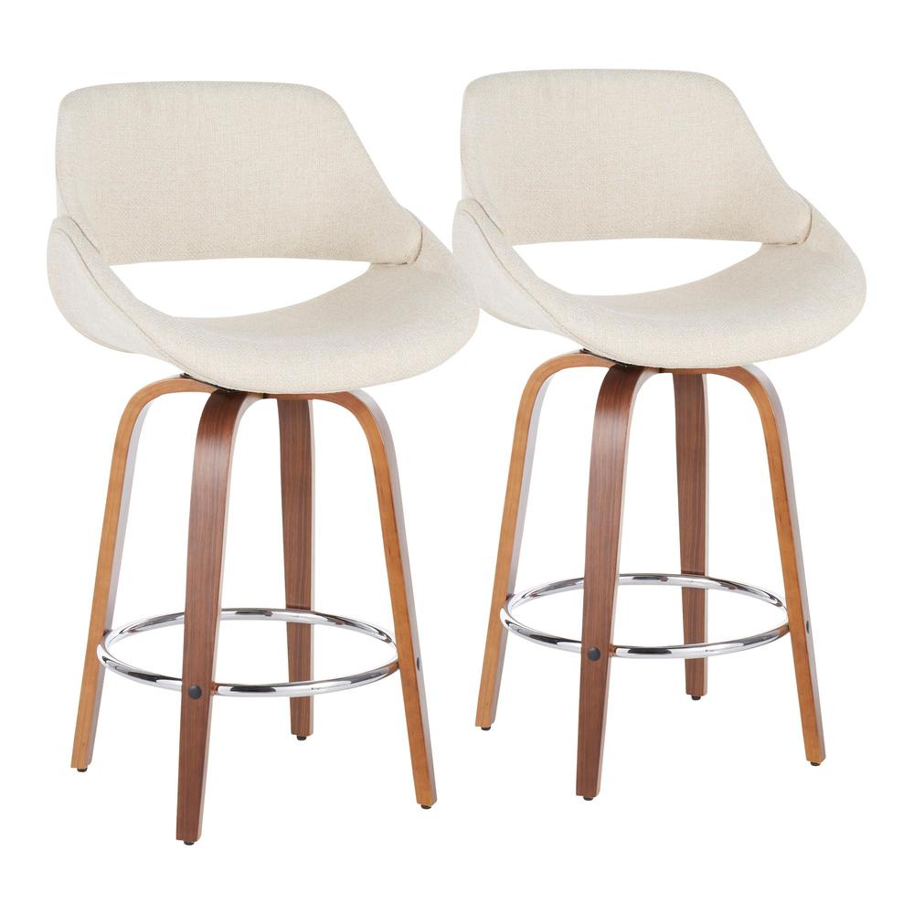 Walnut Wood, Cream Fabric, Chrome Fabrico Counter Stool - Set of 2. Picture 1