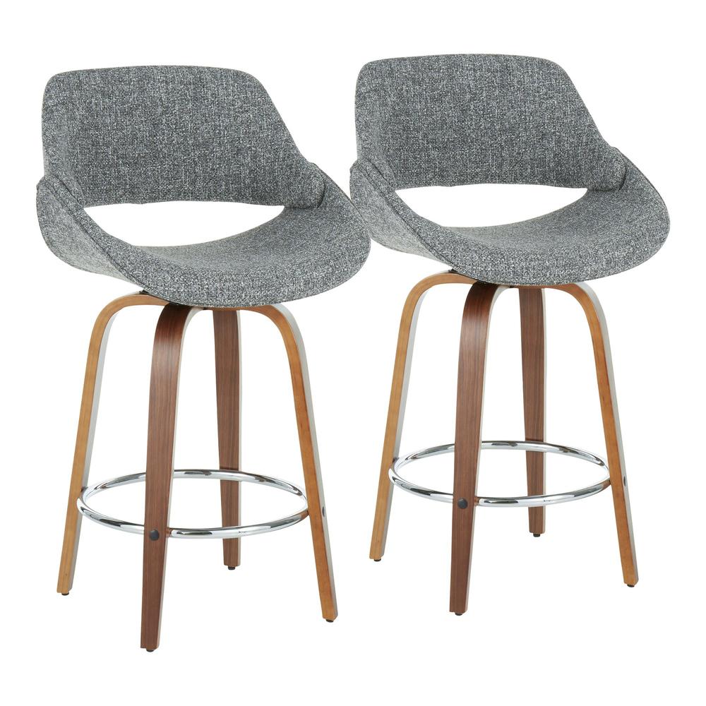 Walnut Wood, Grey Fabric, Chrome Fabrico Counter Stool - Set of 2. Picture 1