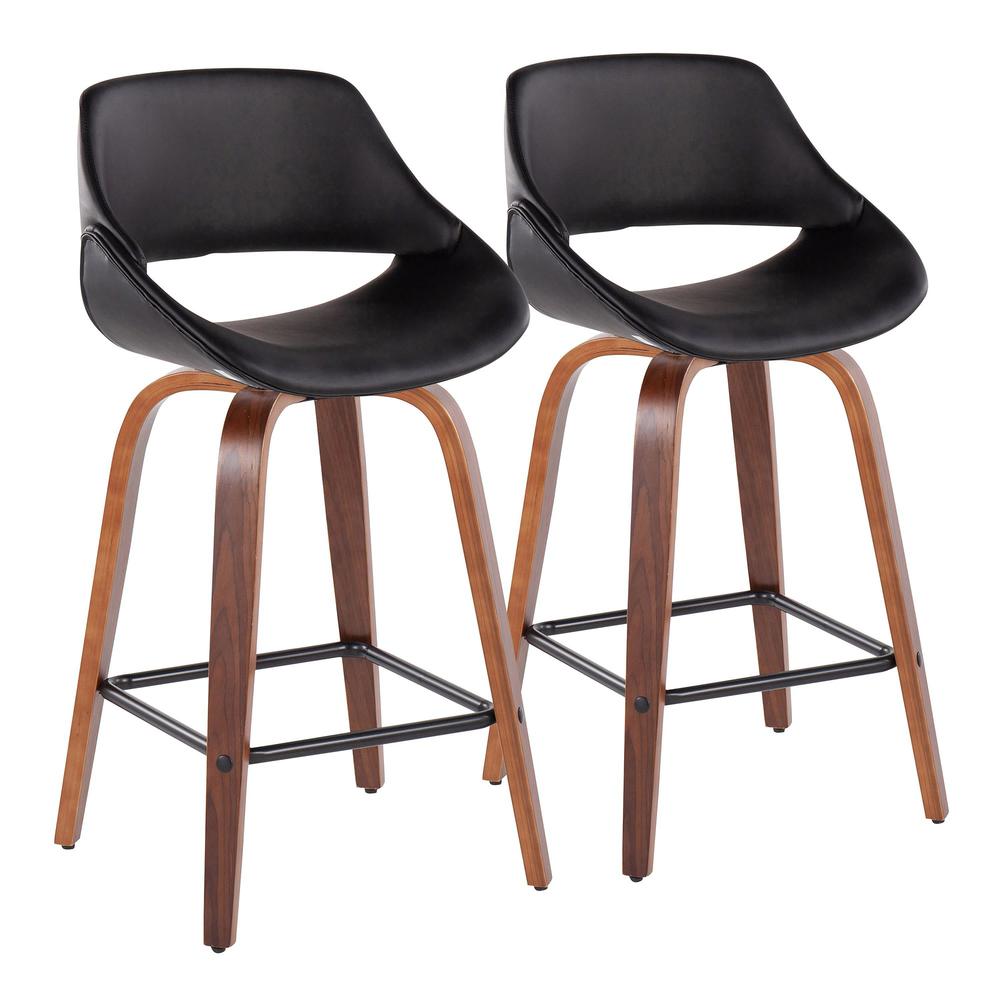 Walnut Wood, Black PU, Black Steel Fabrico Fixed-Height Counter Stool - Set of 2. Picture 1