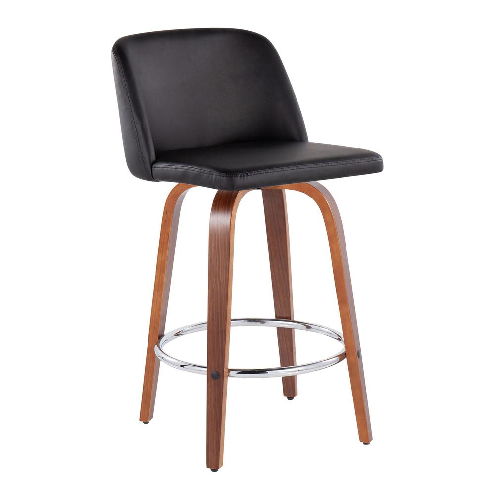 Walnut Wood, Black PU, Chrome Toriano Fixed-Height Counter Stool - Set of 2. Picture 2