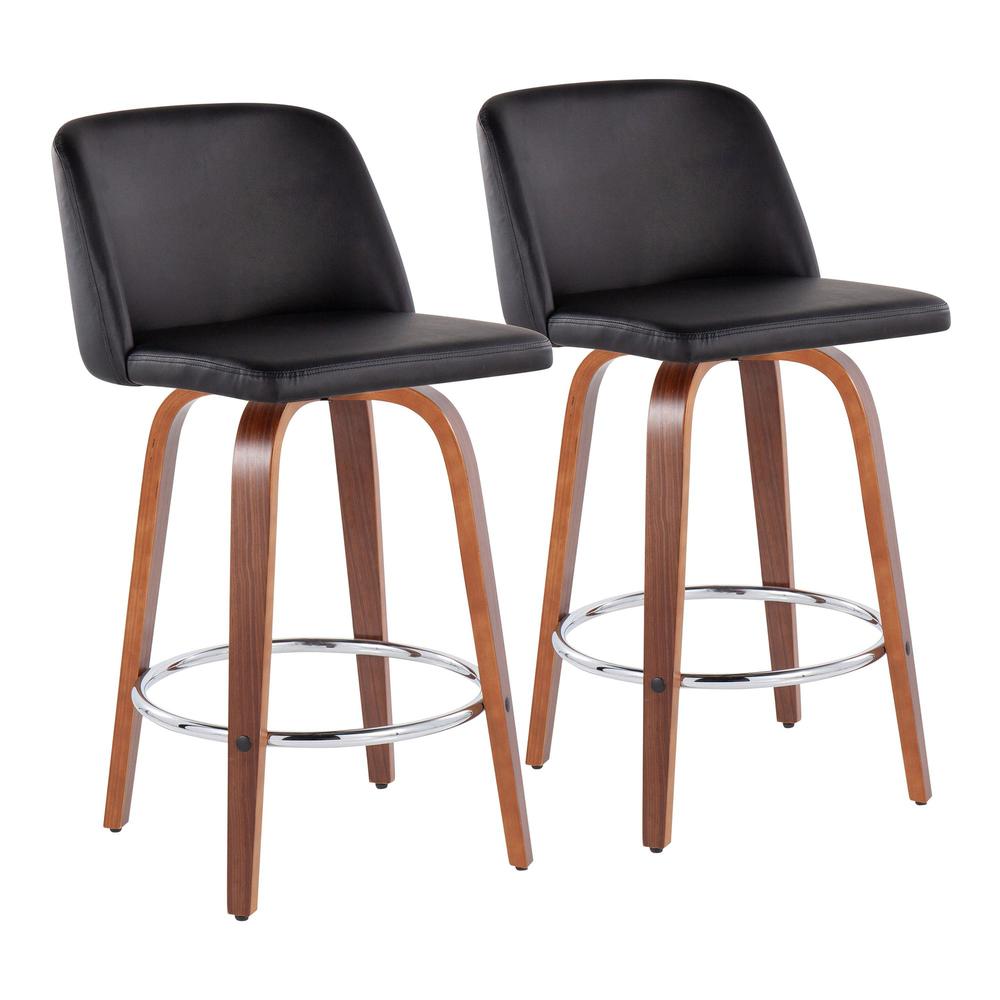 Walnut Wood, Black PU, Chrome Toriano Fixed-Height Counter Stool - Set of 2. Picture 1