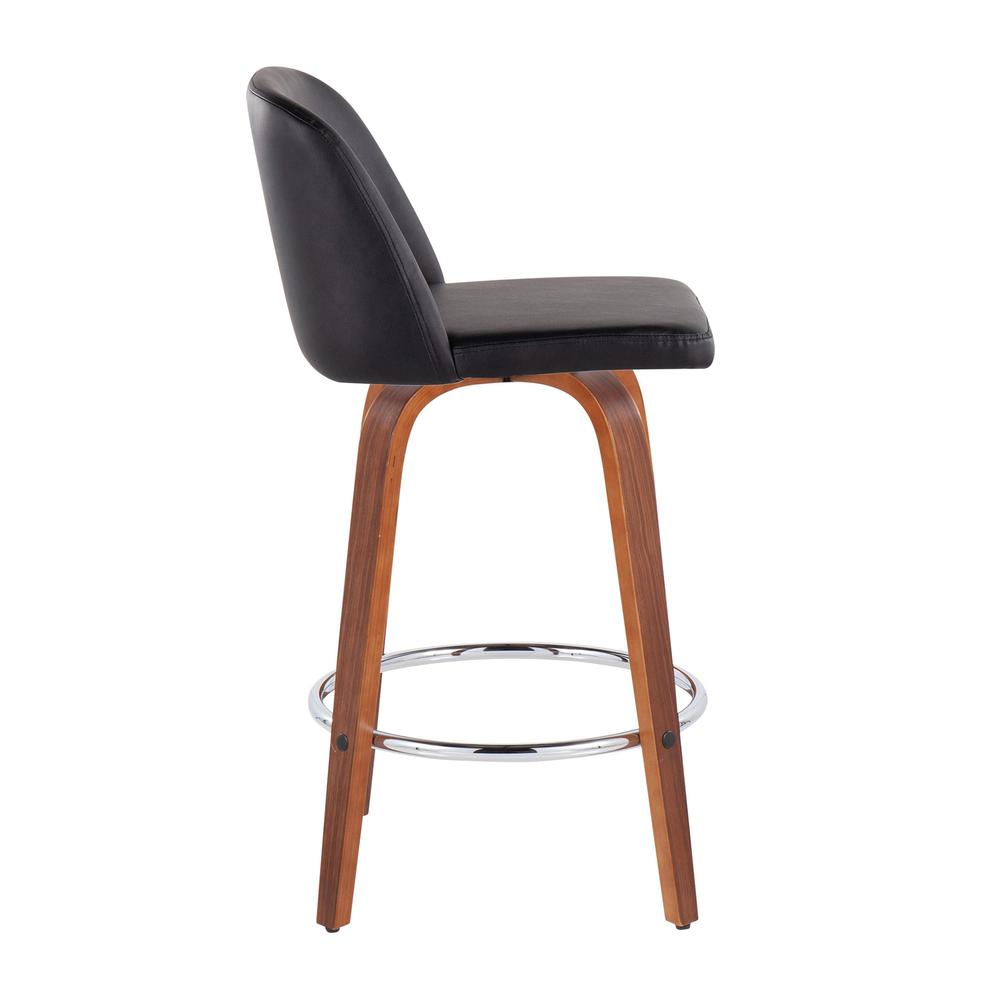 Walnut Wood, Black PU, Chrome Toriano Fixed-Height Counter Stool - Set of 2. Picture 3