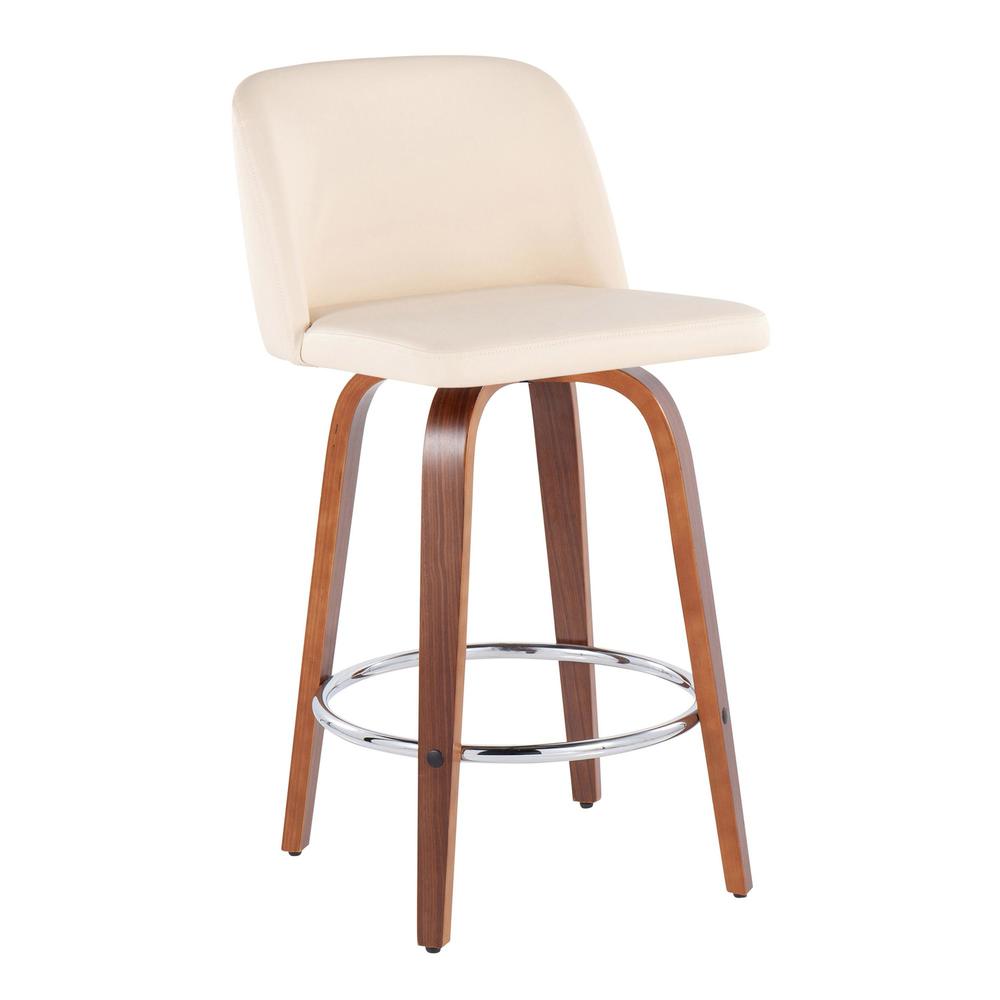 Walnut Wood, Cream PU, Chrome Toriano Fixed-Height Counter Stool - Set of 2. Picture 2
