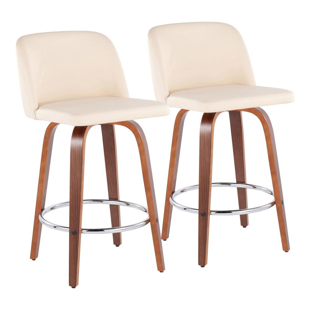 Walnut Wood, Cream PU, Chrome Toriano Fixed-Height Counter Stool - Set of 2. Picture 1