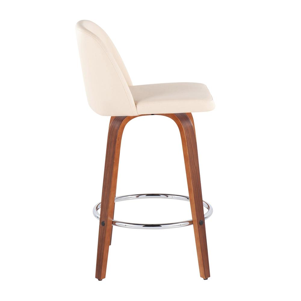 Walnut Wood, Cream PU, Chrome Toriano Fixed-Height Counter Stool - Set of 2. Picture 3