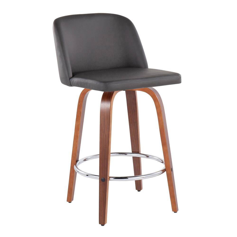 Walnut Wood, Grey PU, Chrome Toriano Fixed-Height Counter Stool - Set of 2. Picture 2