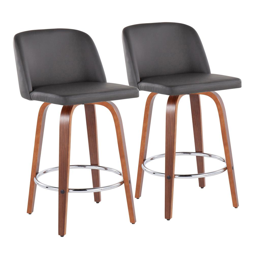 Walnut Wood, Grey PU, Chrome Toriano Fixed-Height Counter Stool - Set of 2. Picture 1