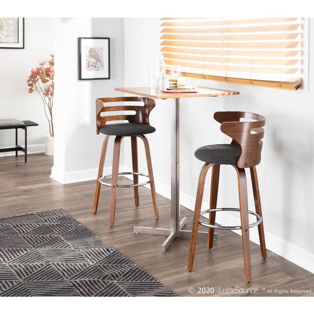 Walnut Wood, Charcoal Fabric, Chrome Cosini Barstool - Set of 2. Picture 1