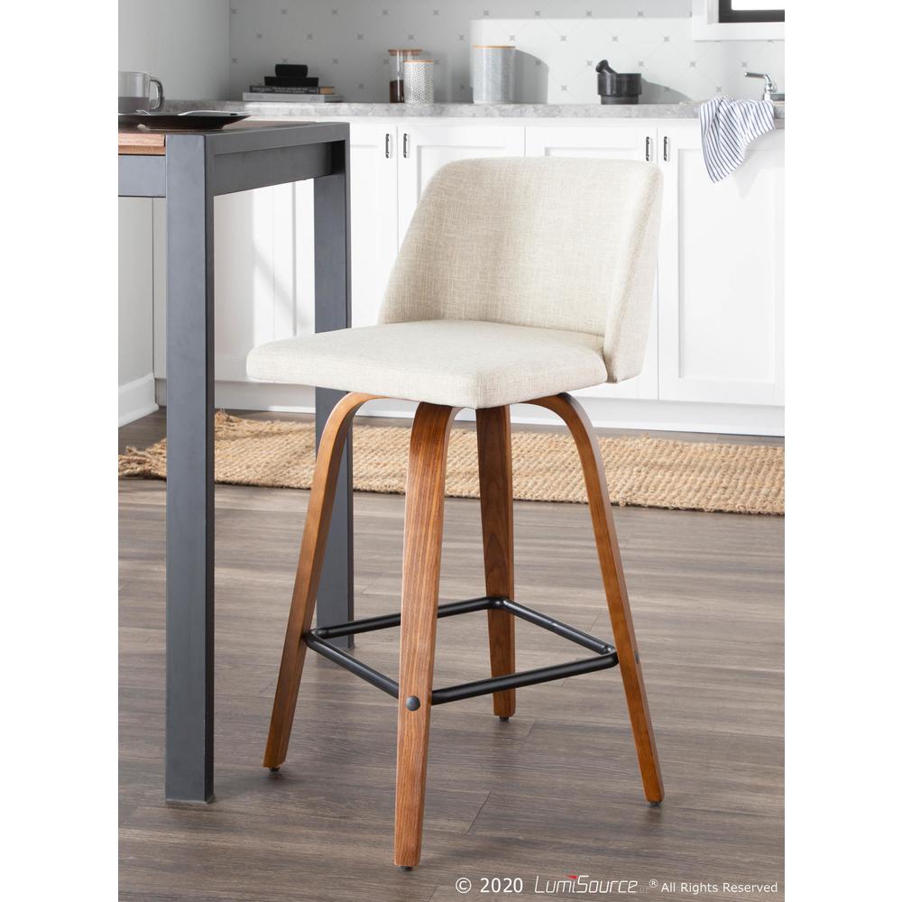Walnut Wood, Cream Fabric, Black Metal Toriano Counter Stool - Set of 2. Picture 8