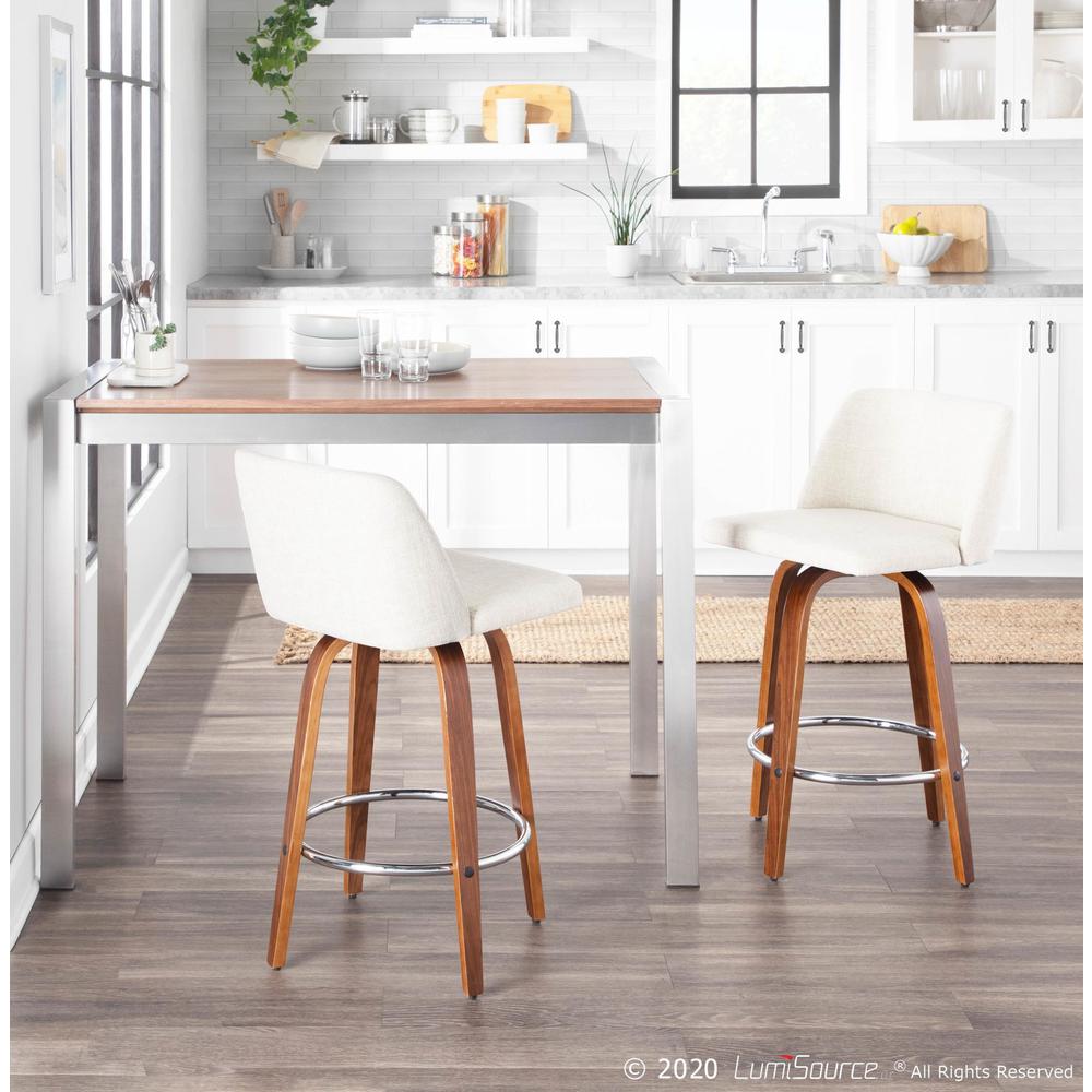 Walnut Wood, Cream Fabric, Chrome Toriano Counter Stool - Set of 2. Picture 8