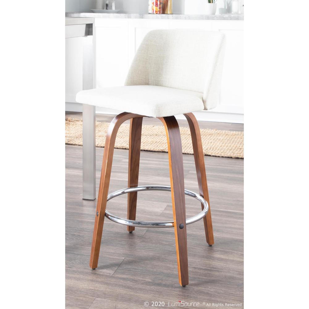Walnut Wood, Cream Fabric, Chrome Toriano Counter Stool - Set of 2. Picture 9