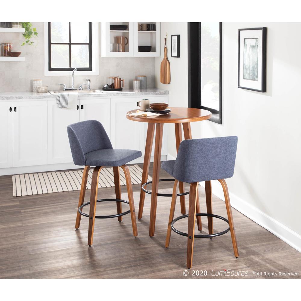 Walnut Wood, Blue Fabric, Black Metal Toriano Counter Stool - Set of 2. Picture 9