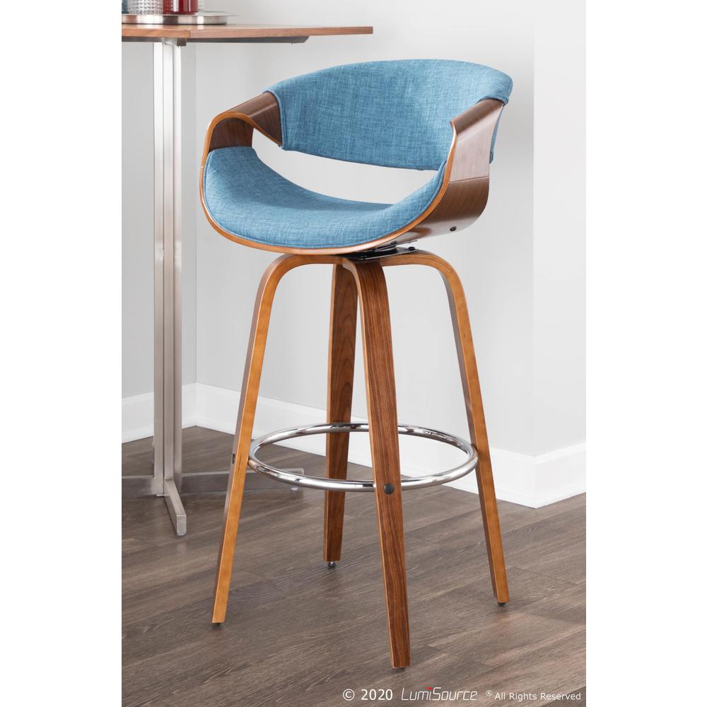 Walnut Wood, Blue Fabric, Chrome Curvini 30'' Barstool - Set of 2. Picture 9