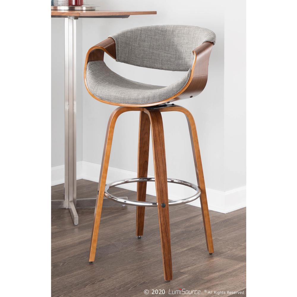 Walnut Wood, Grey Fabric, Chrome Curvini 30'' Fixed Height Barstool - Set of 2. Picture 12