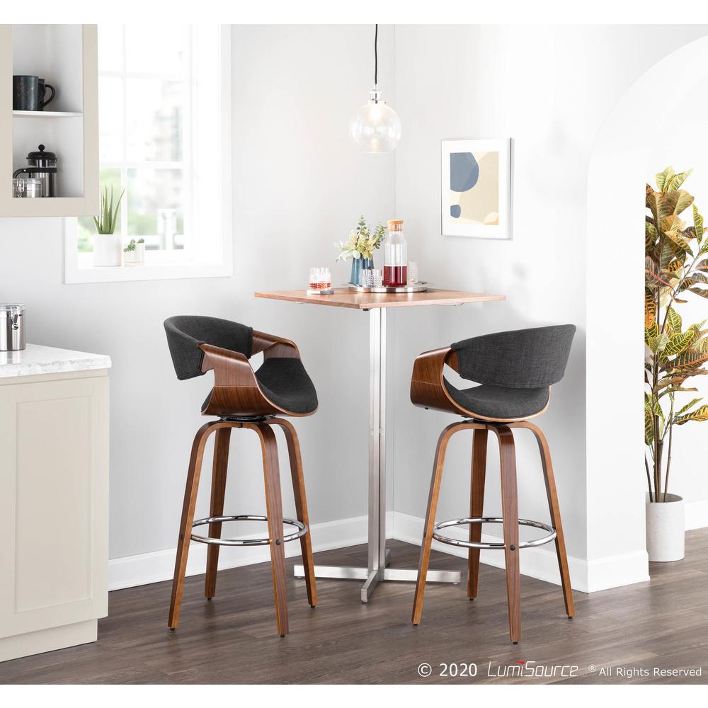Walnut Wood, Charcoal Fabric, Chrome Curvini 30'' Barstool - Set of 2. Picture 3