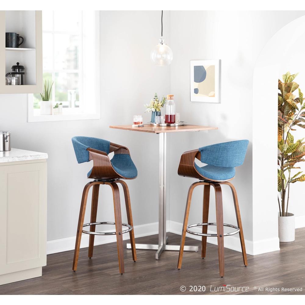 Walnut Wood, Blue Fabric, Chrome Curvini 30'' Barstool - Set of 2. Picture 10