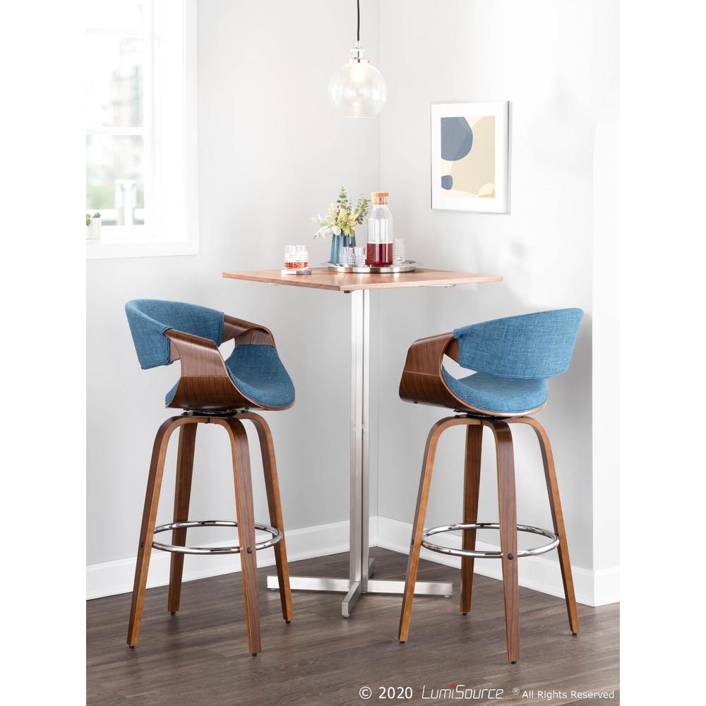 Walnut Wood, Blue Fabric, Chrome Curvini 30'' Barstool - Set of 2. Picture 11