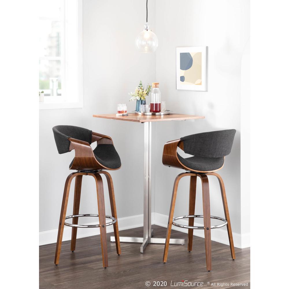 Walnut Wood, Charcoal Fabric, Chrome Curvini 30'' Barstool - Set of 2. Picture 4