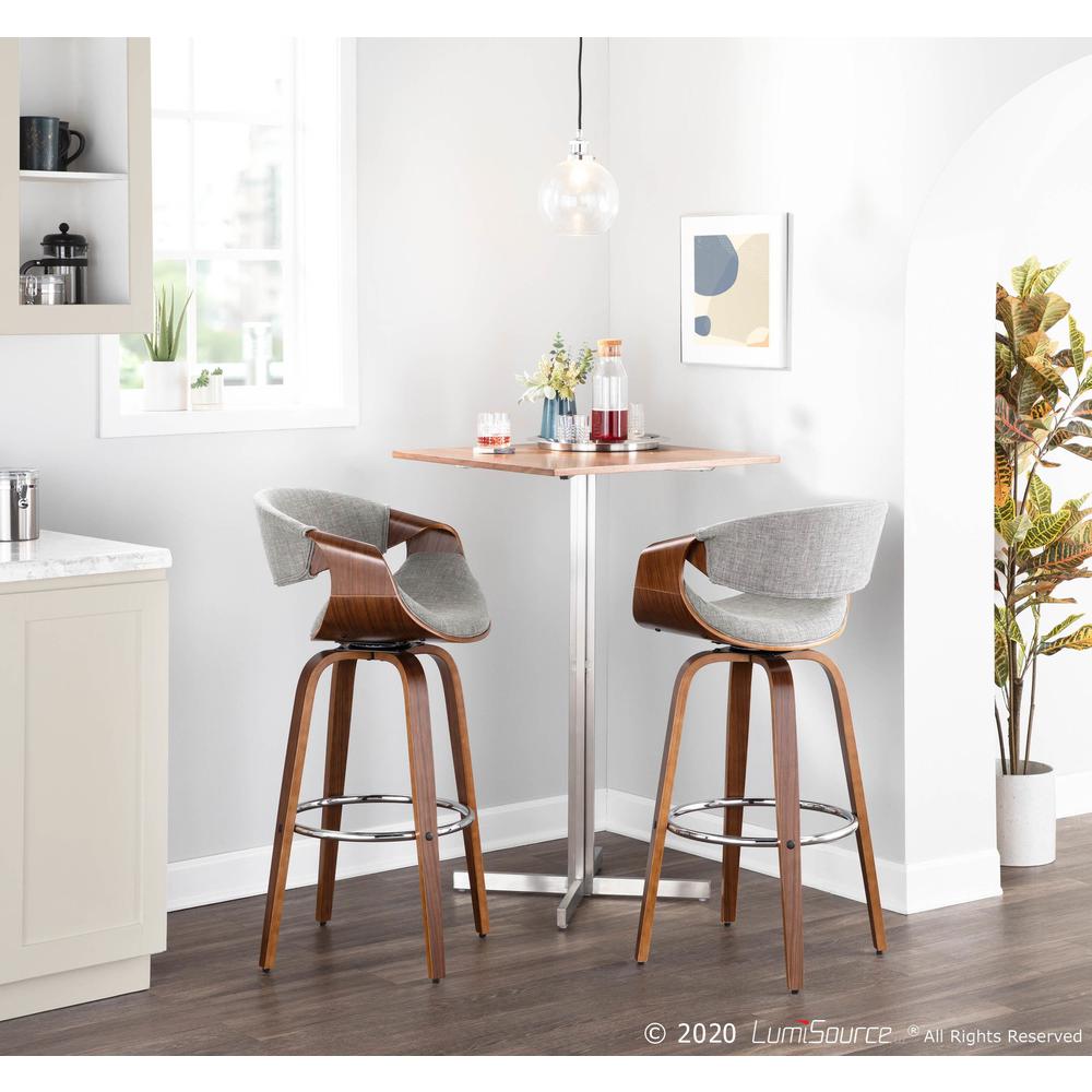 Walnut Wood, Grey Fabric, Chrome Curvini 30'' Fixed Height Barstool - Set of 2. Picture 11