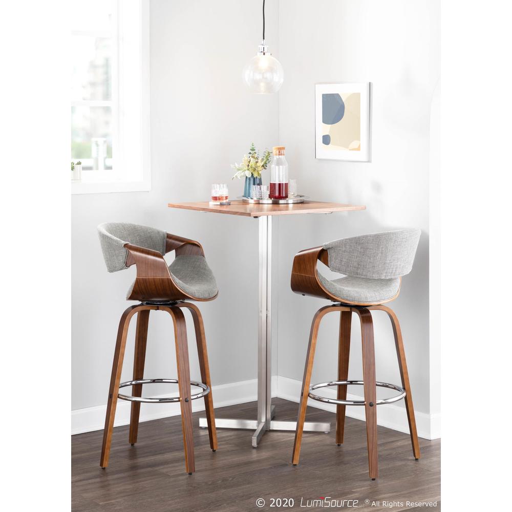 Walnut Wood, Grey Fabric, Chrome Curvini 30'' Fixed Height Barstool - Set of 2. Picture 10
