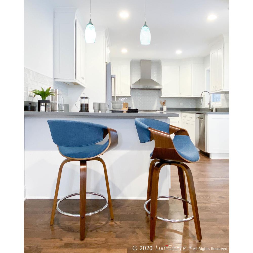 Walnut Wood, Blue Fabric, Chrome Curvini 24'' Counter Stool - Set of 2. Picture 8