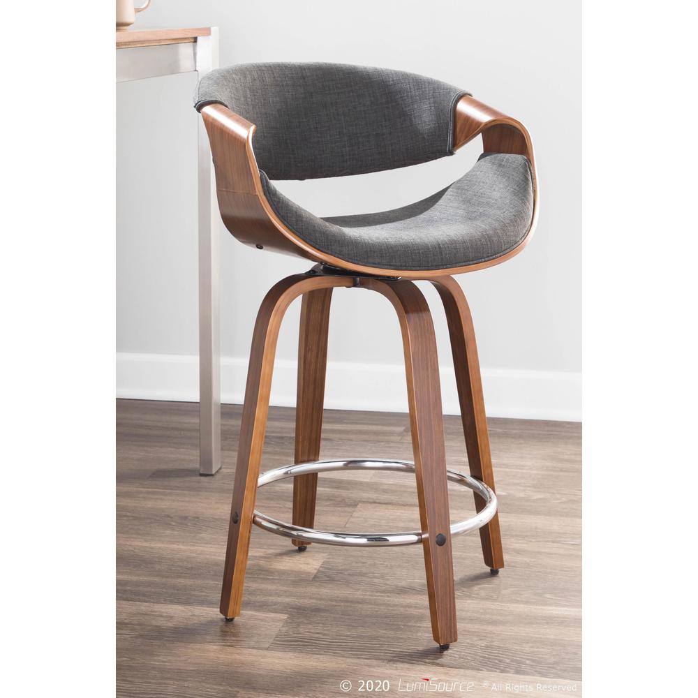 Walnut Wood, Charcoal Fabric, Chrome Curvini 24'' Counter Stool - Set of 2. Picture 8