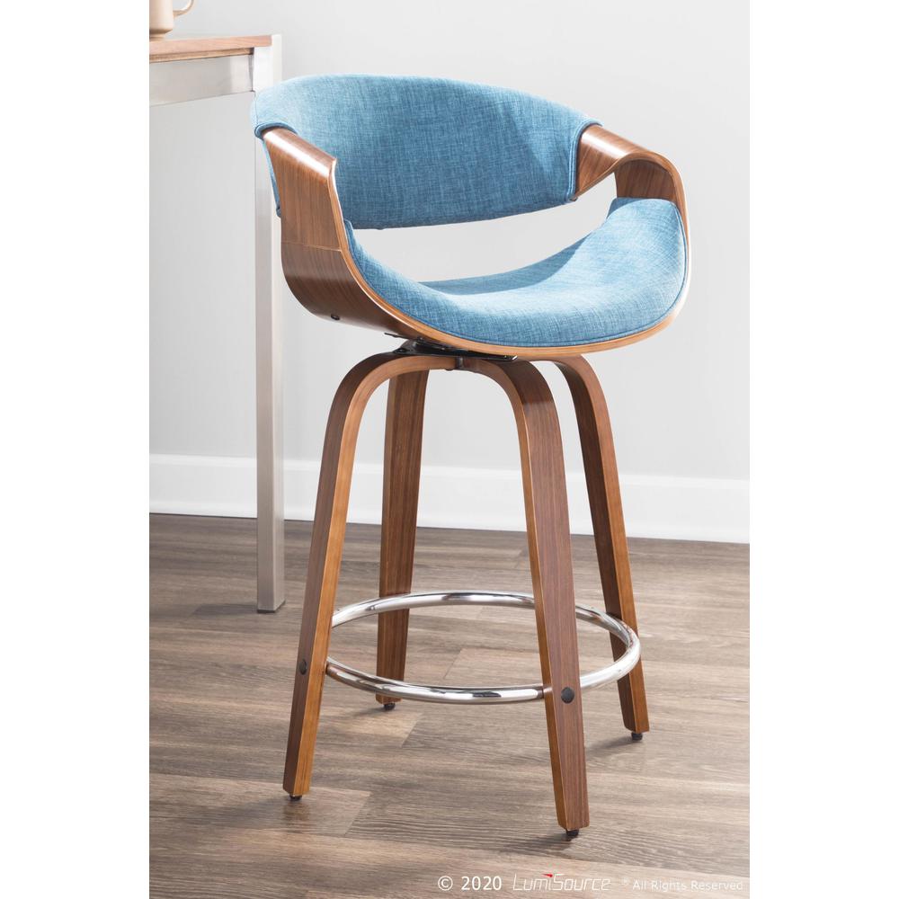 Walnut Wood, Blue Fabric, Chrome Curvini 24'' Counter Stool - Set of 2. Picture 9