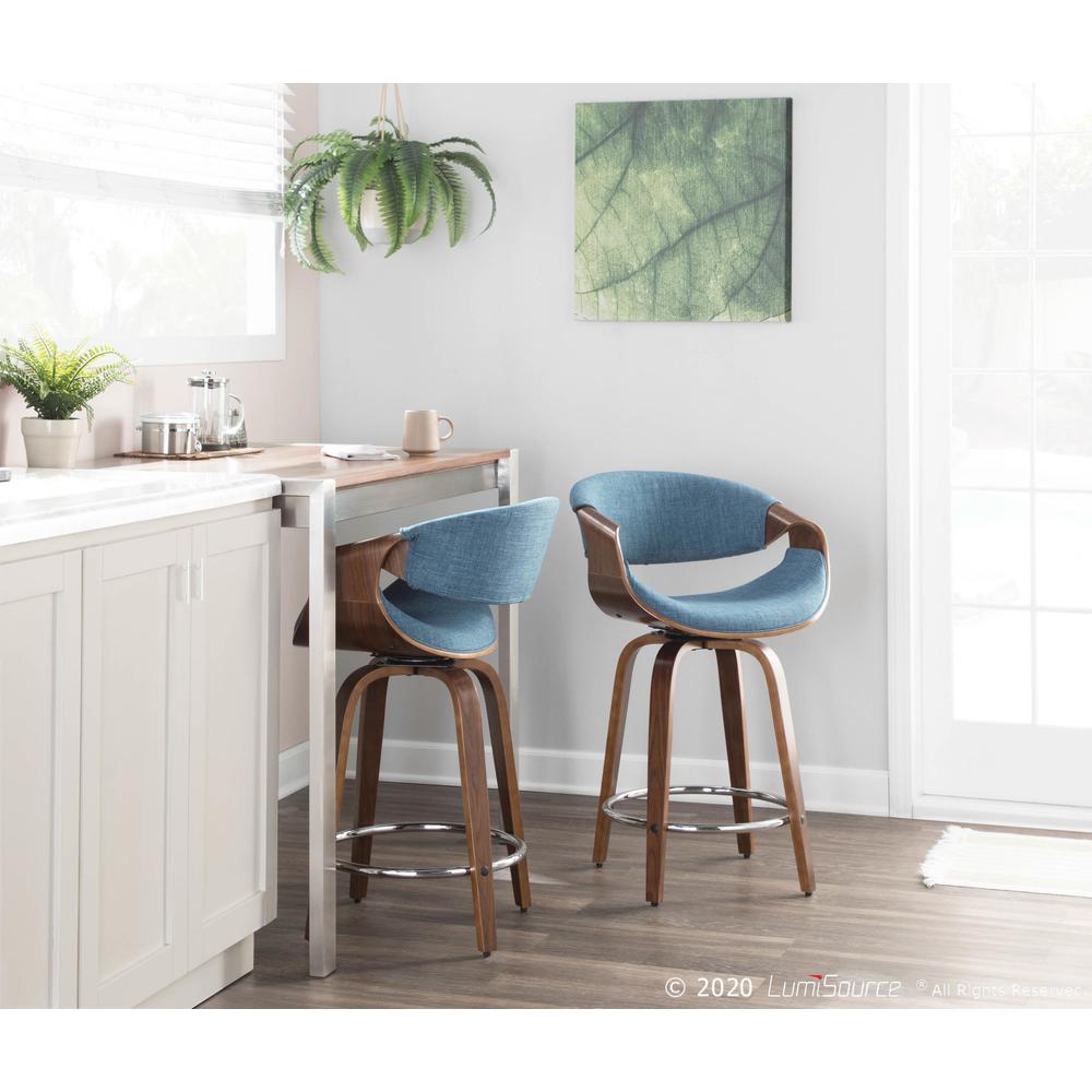 Walnut Wood, Blue Fabric, Chrome Curvini 24'' Counter Stool - Set of 2. Picture 11