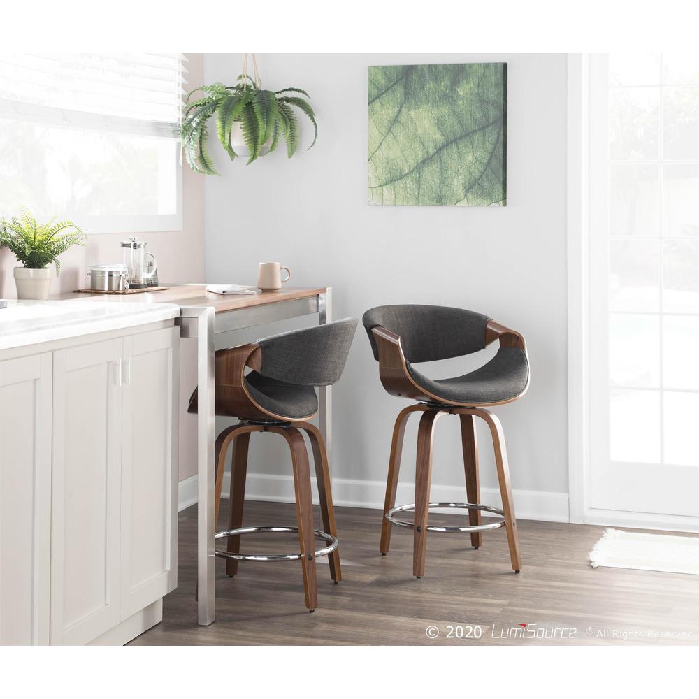Walnut Wood, Charcoal Fabric, Chrome Curvini 24'' Counter Stool - Set of 2. Picture 10