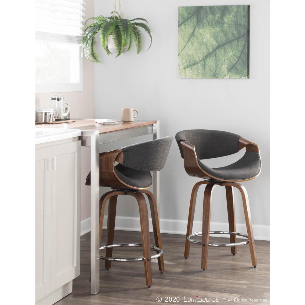 Walnut Wood, Charcoal Fabric, Chrome Curvini 24'' Counter Stool - Set of 2. Picture 11