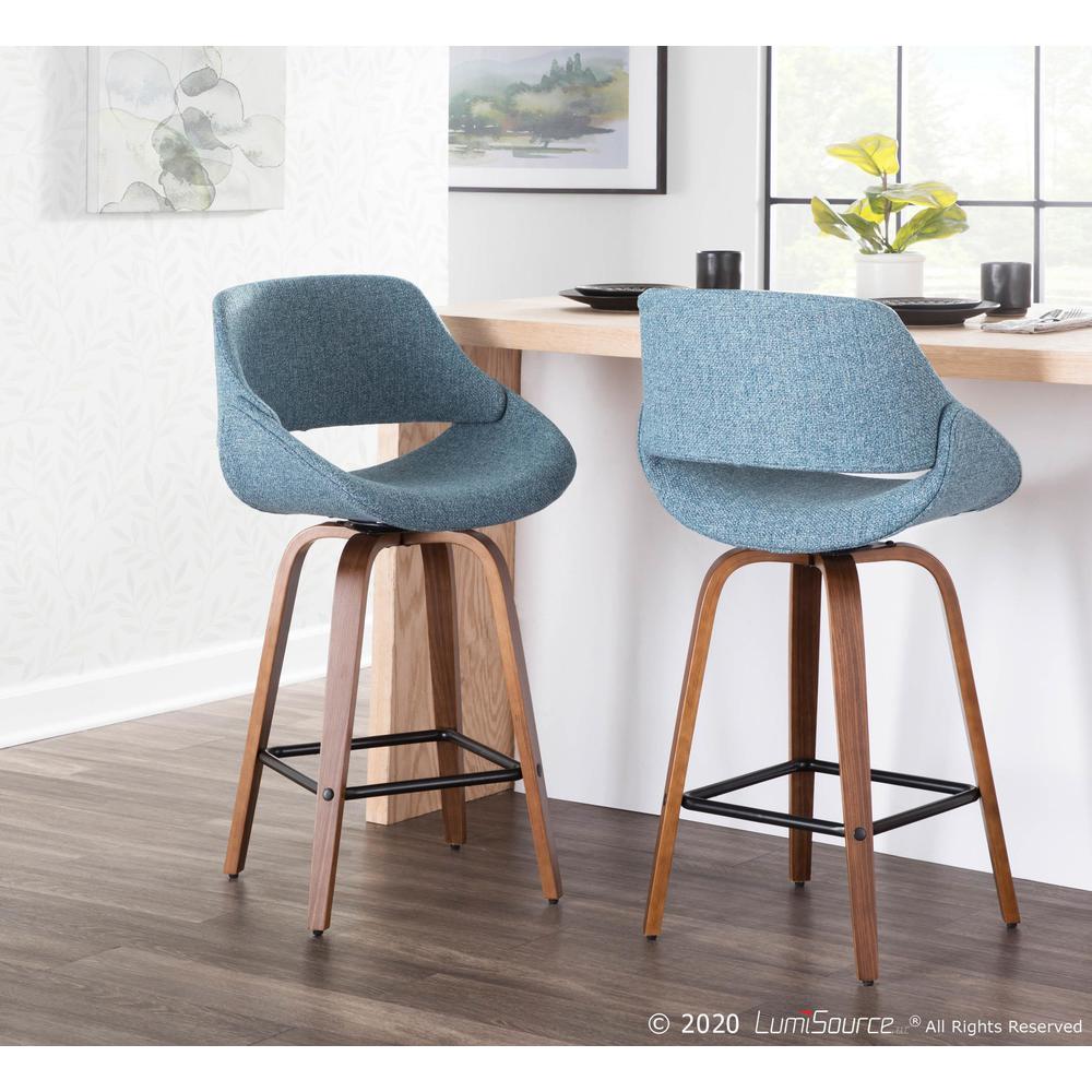 Walnut Wood, Blue Fabric, Black Metal Fabrico Counter Stool - Set of 2. Picture 8