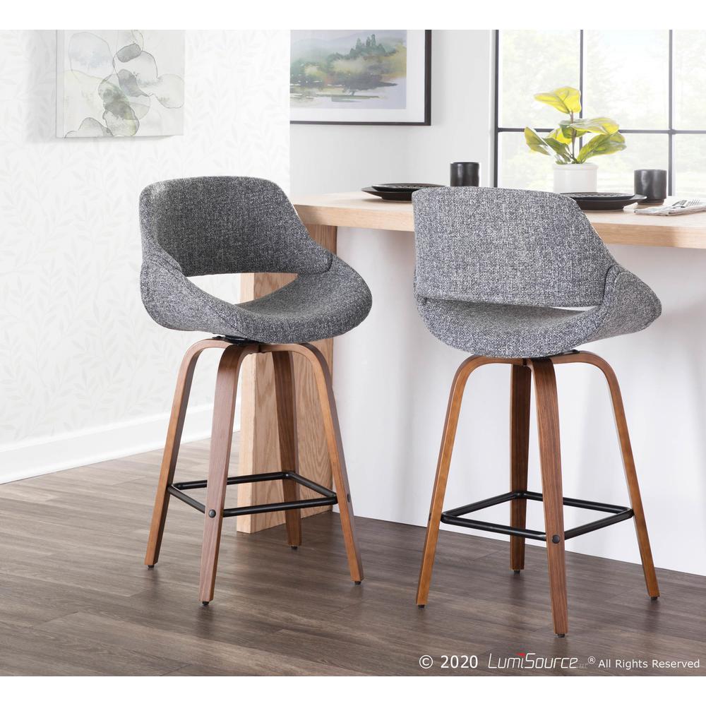 Walnut Wood, Grey Fabric, Black Metal Fabrico Counter Stool - Set of 2. Picture 7