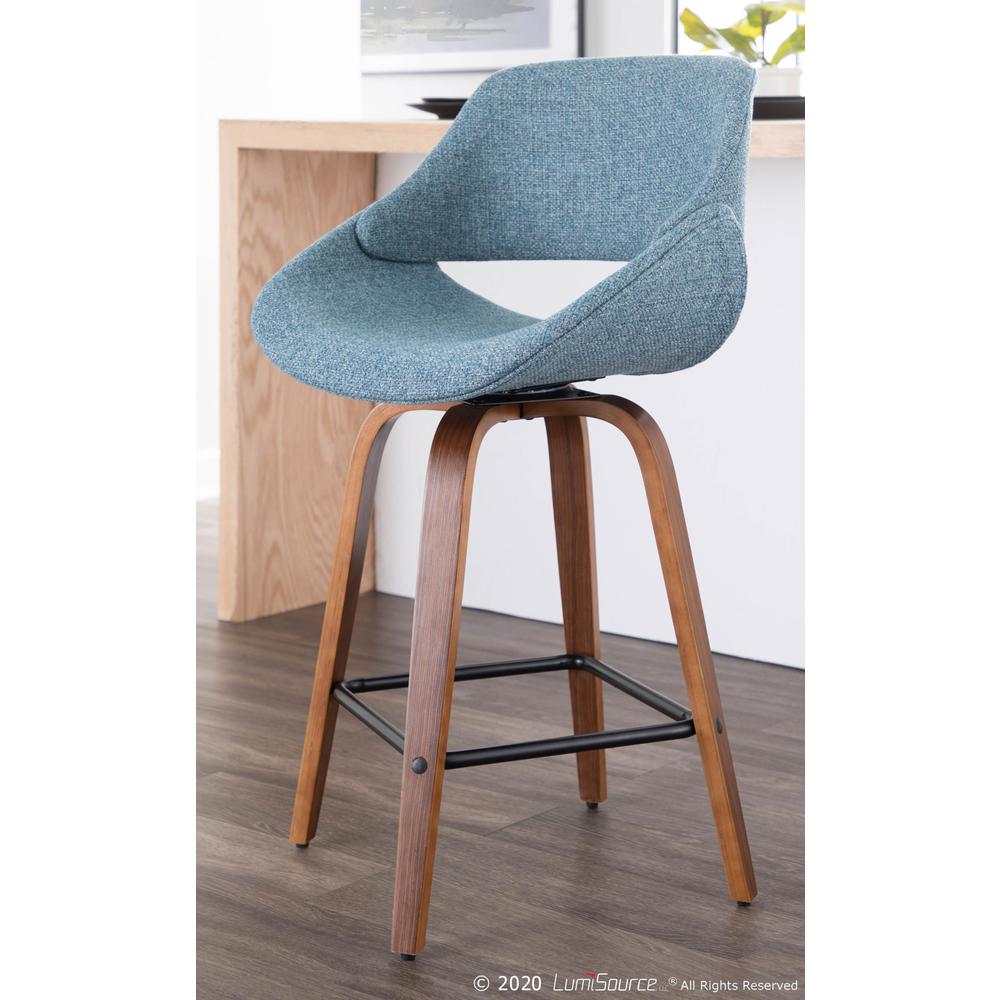 Walnut Wood, Blue Fabric, Black Metal Fabrico Counter Stool - Set of 2. Picture 9