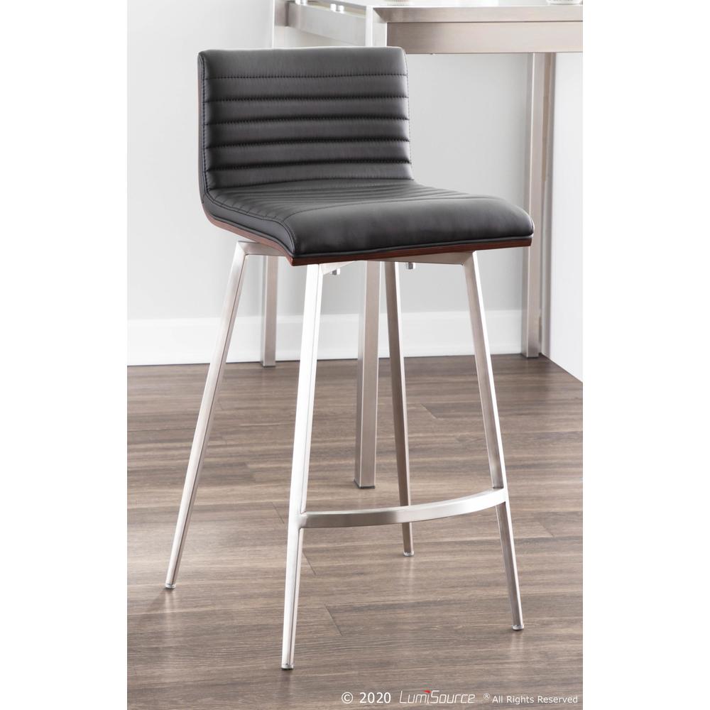 Stainless Steel, Walnut Wood, Black PU Mason Swivel Counter Stool - Set of 2. Picture 8