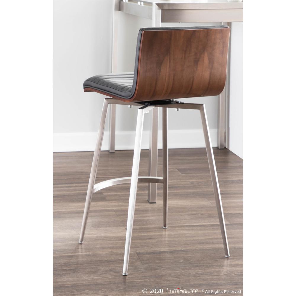 Stainless Steel, Walnut Wood, Black PU Mason Swivel Counter Stool - Set of 2. Picture 9