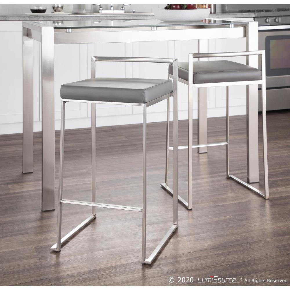 Brushed Stainless Steel, Grey PU Fuji Stacker Counter Stool - Set of 2. Picture 11
