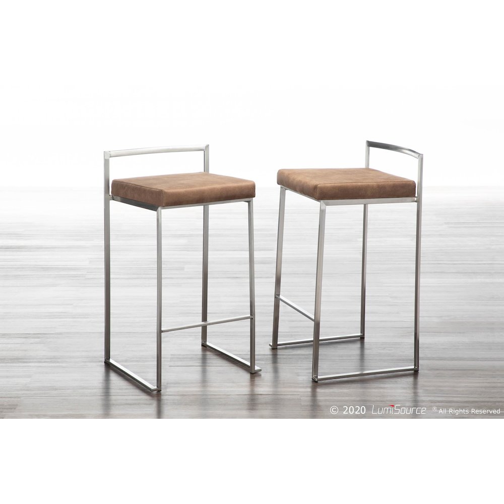 Stainless Steel, Brown Cowboy Fabric Fuji Stacker Counter Stool - Set of 2. Picture 11