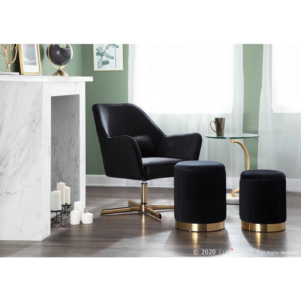 Gold Metal, Black Velvet Marla Nesting Pleated Ottoman Set. Picture 8