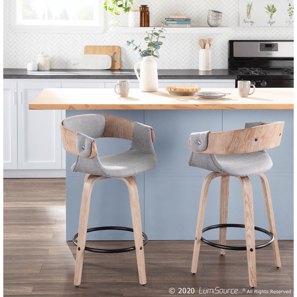 White Washed Wood, Black Metal, Grey Fabric Elisa Counter Stool - Set of 2. Picture 8