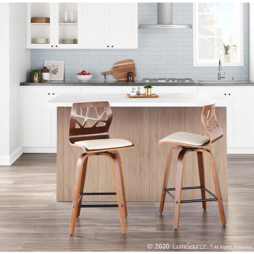 Walnut Wood, Cream PU, Black Metal Folia Counter Stool - Set of 2. Picture 11