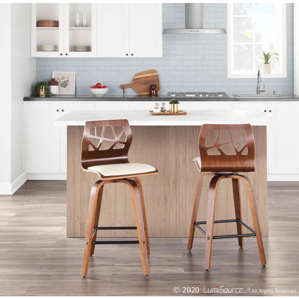 Walnut Wood, Cream PU, Black Metal Folia Counter Stool - Set of 2. Picture 12