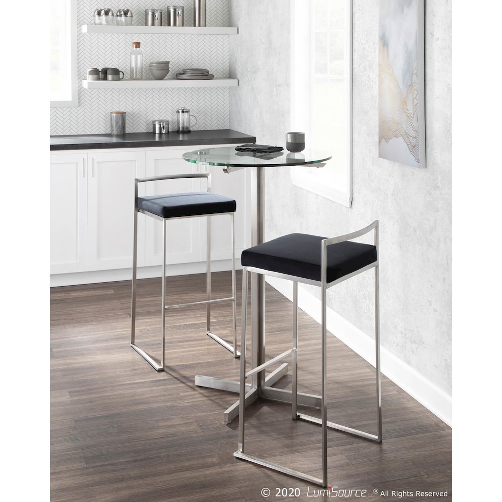 Brushed Stainless Steel, Black Velvet Fuji Stacker Barstool - Set of 2. Picture 9
