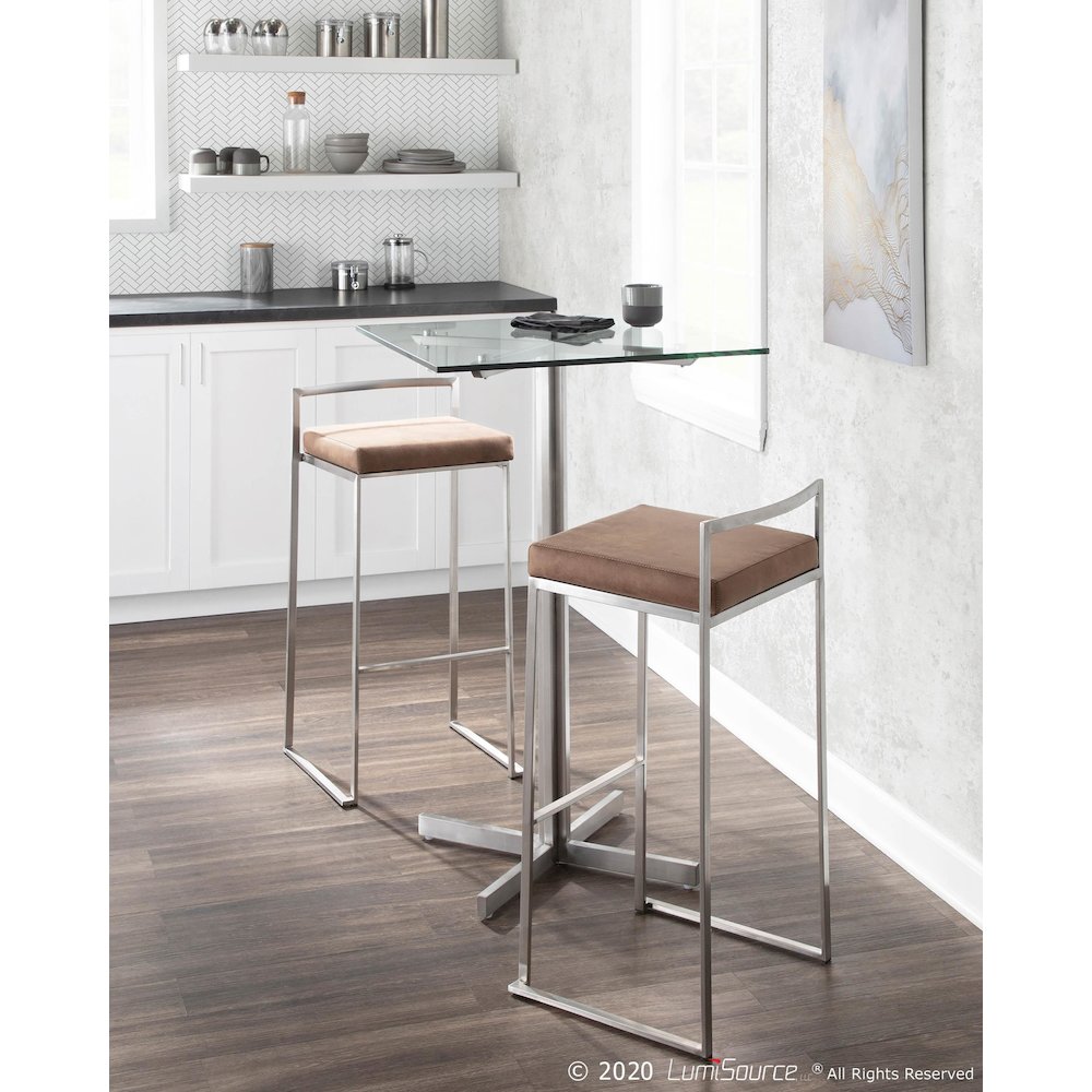 Stainless Steel, Brown Cowboy Fabric Fuji Stacker Barstool - Set of 2. Picture 11