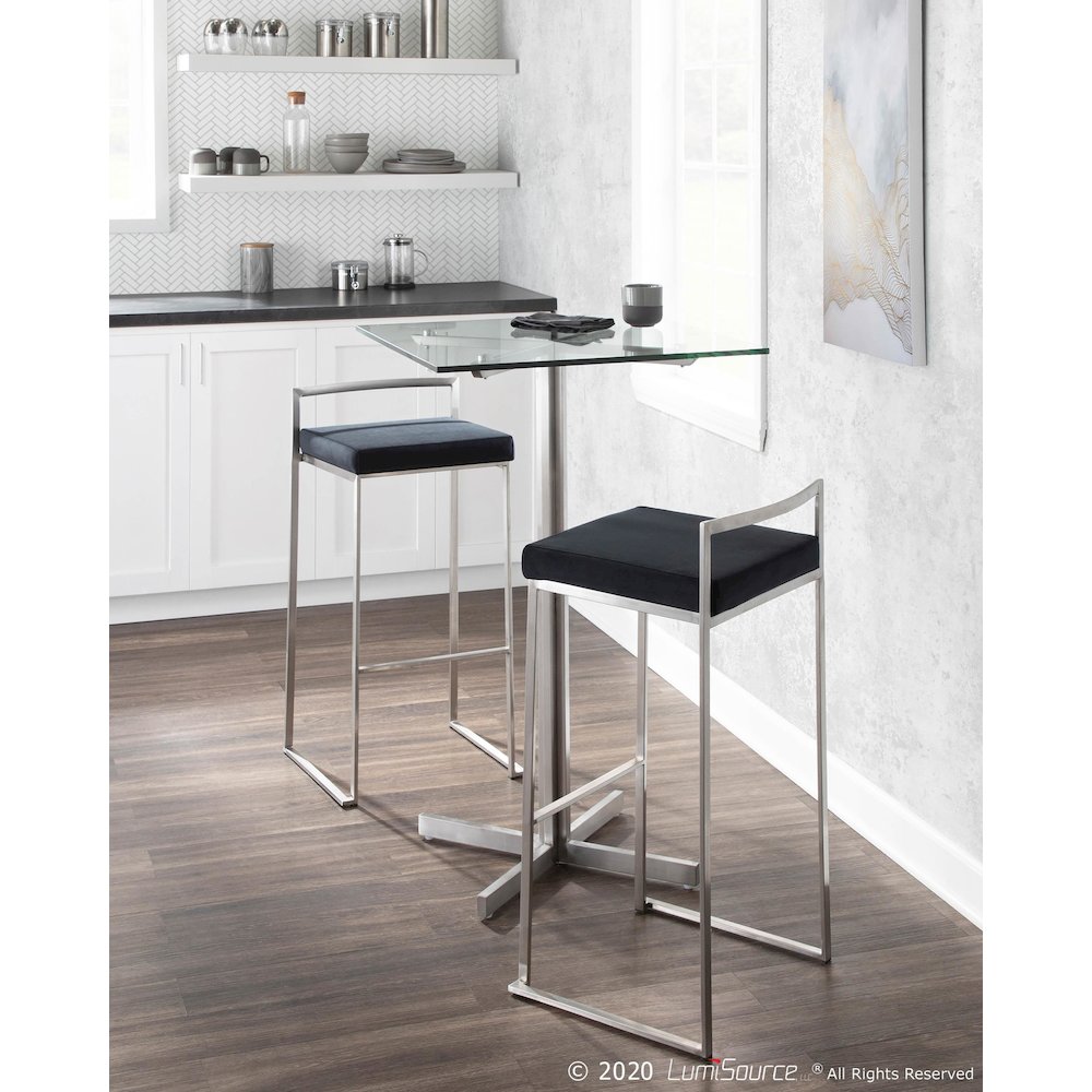 Brushed Stainless Steel, Black Velvet Fuji Stacker Barstool - Set of 2. Picture 10