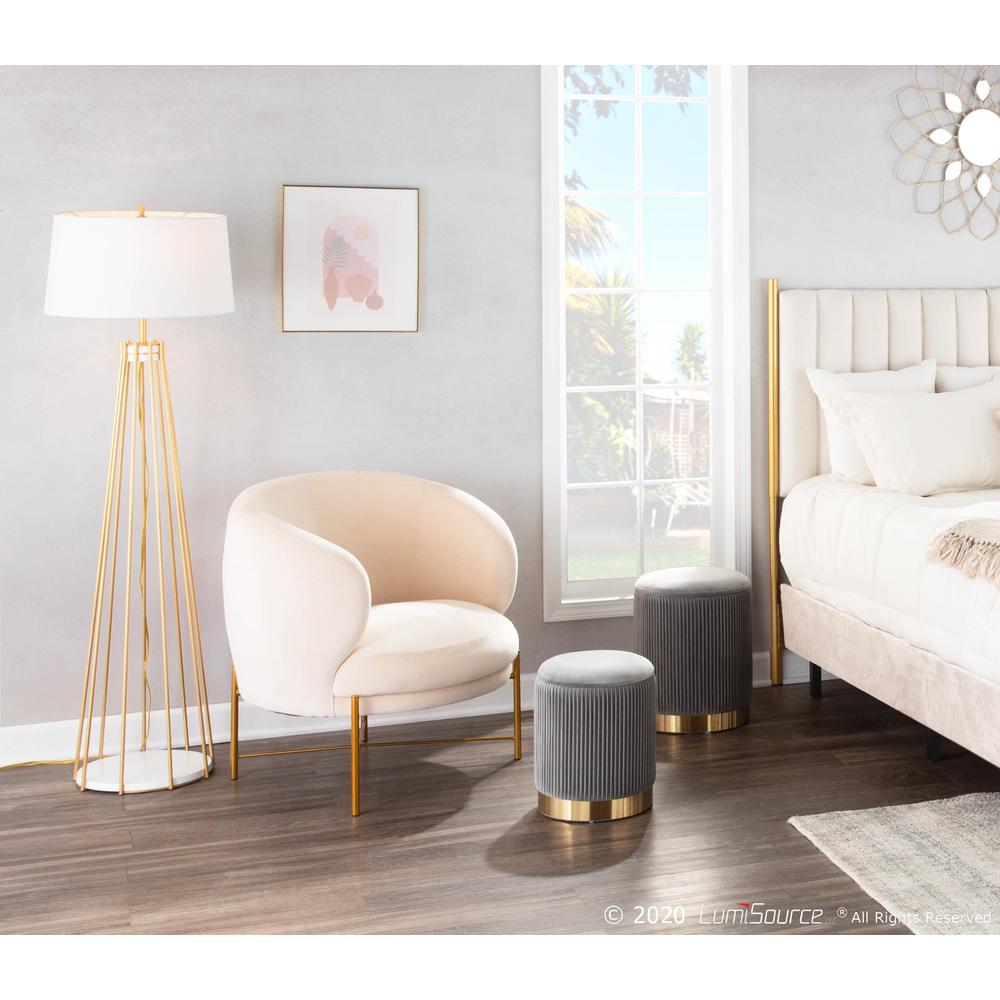 Gold Metal, Grey Velvet Marla Nesting Pleated Ottoman Set. Picture 7