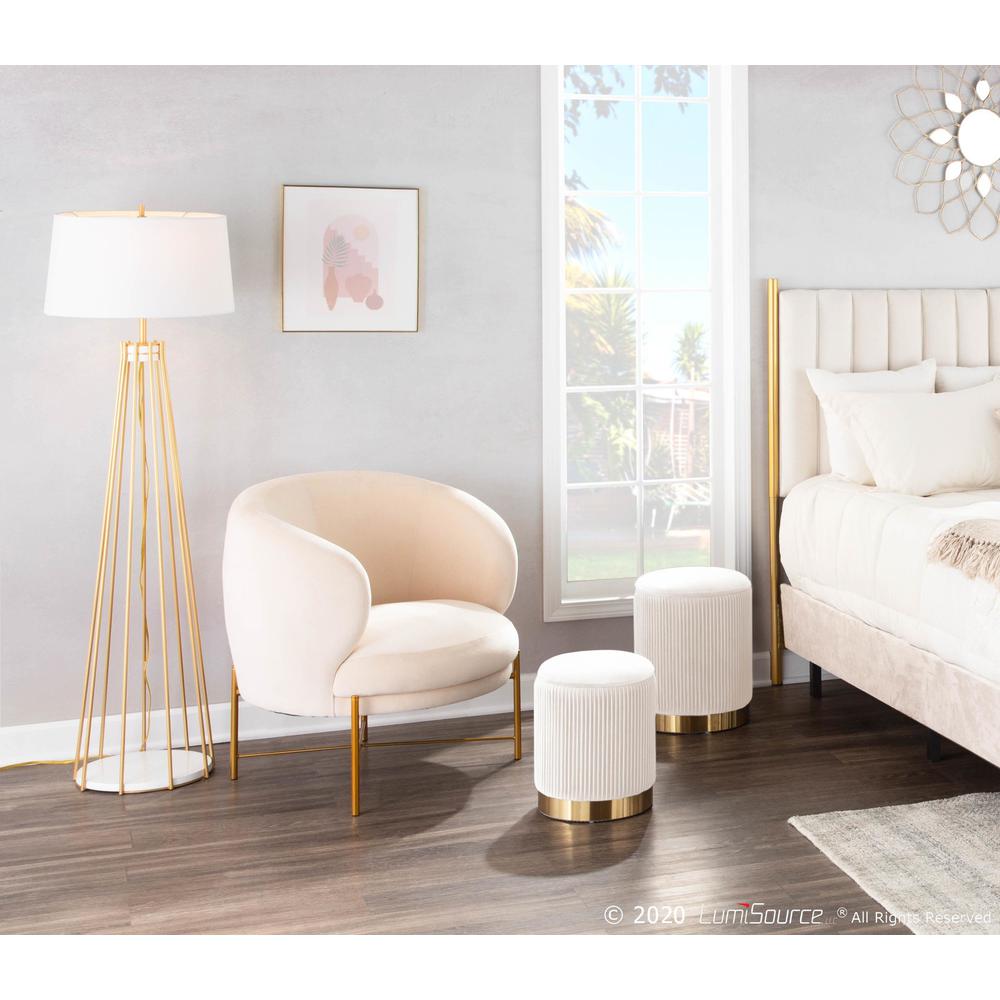 Gold Metal, Cream Velvet Marla Nesting Pleated Ottoman Set. Picture 7