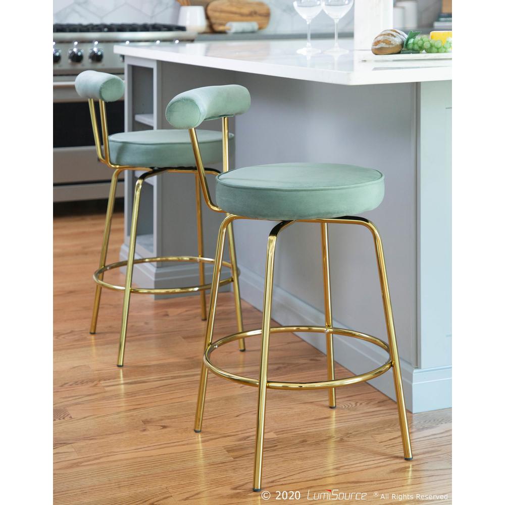Gold Metal, Sage Green Velvet Rhonda Counter Stool - Set of 2. Picture 8