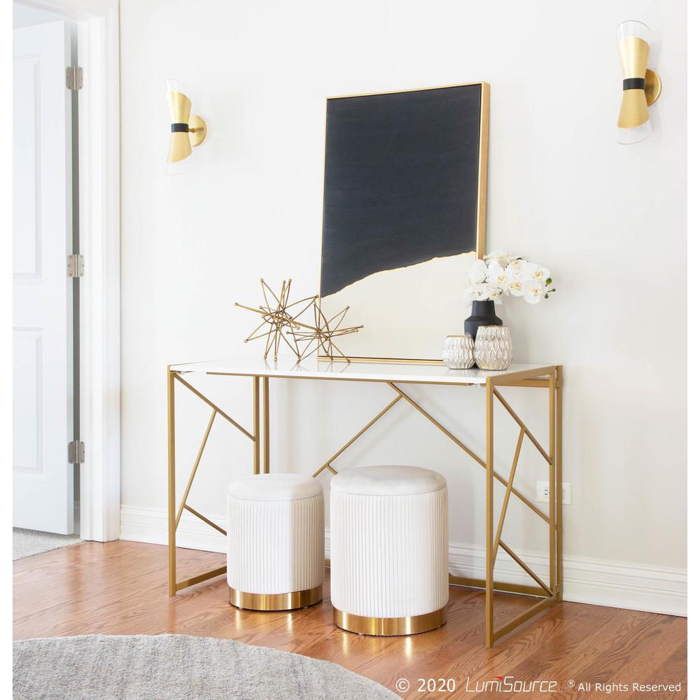 Gold Metal, Cream Velvet Marla Nesting Pleated Ottoman Set. Picture 8